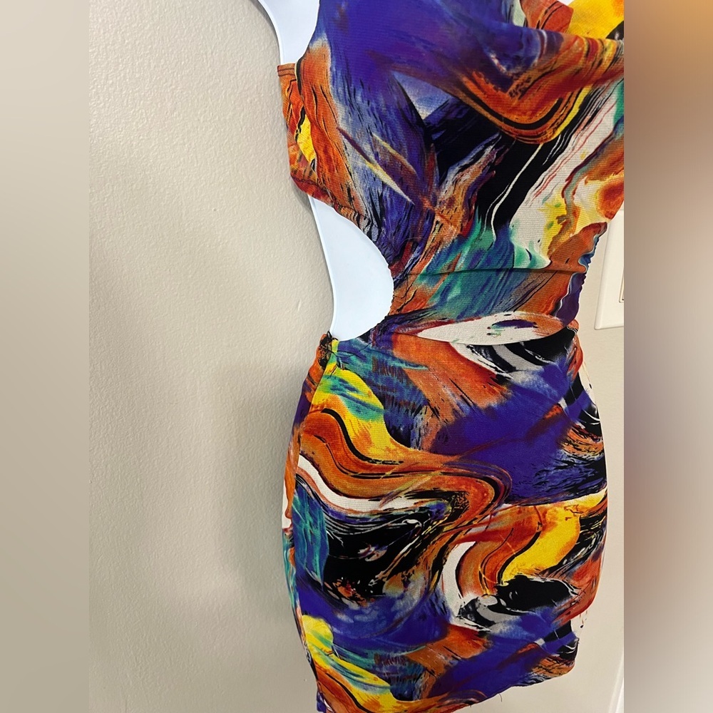 Blanc Picasso Print Cut Out Mini Dress Small Multicolor Bodycon Party - Picture 7 of 15